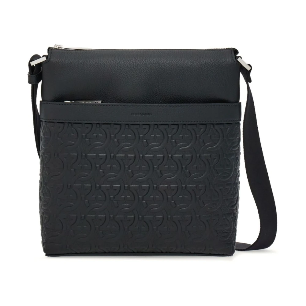 Salvatore Ferragamo Zwarte leren schoudertas Gancini print Black Heren