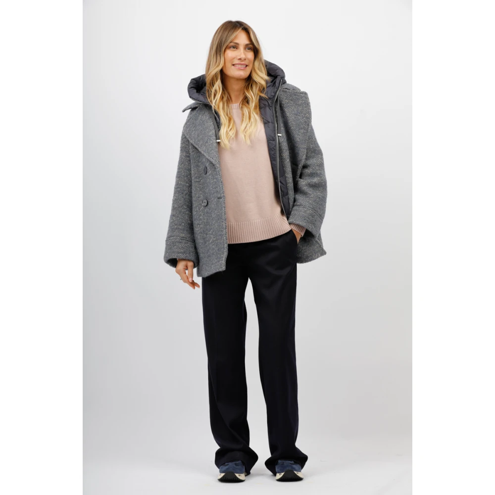 Duno Wollen Bouclé Dubbel-Breasted Peacoat met Afneembare Bib Blue Dames