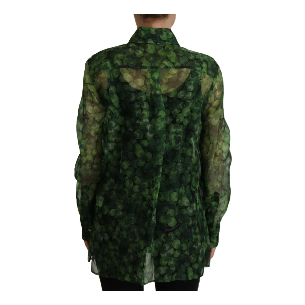 Dolce & Gabbana Women's Green Shirts,, Silk Clover Print Collared Blouse 2XS