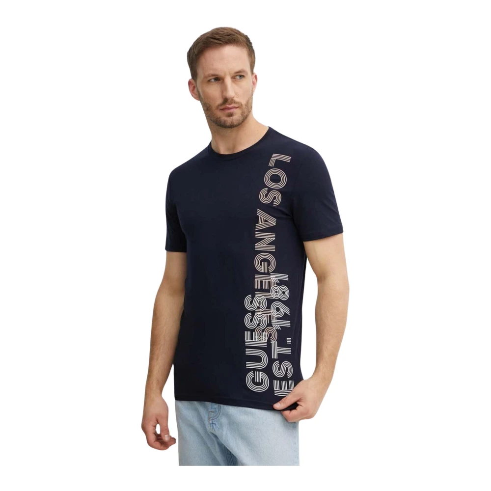 Guess Slim Logo TShirt Zijprint Blue Heren