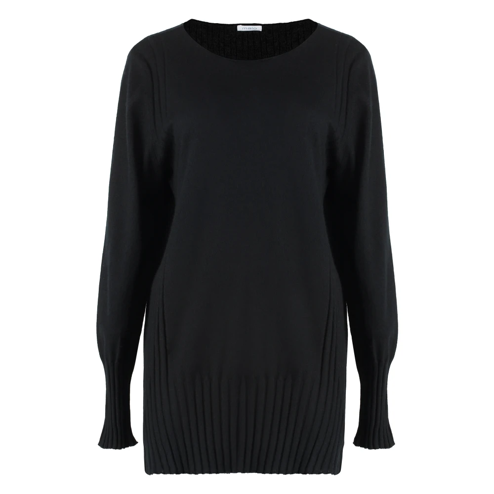 Malo Luxe Cashmere Sweater met Ribgegevens Black Dames