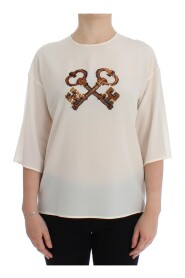 White Sequined Key Silk Blouse T-shirt Top