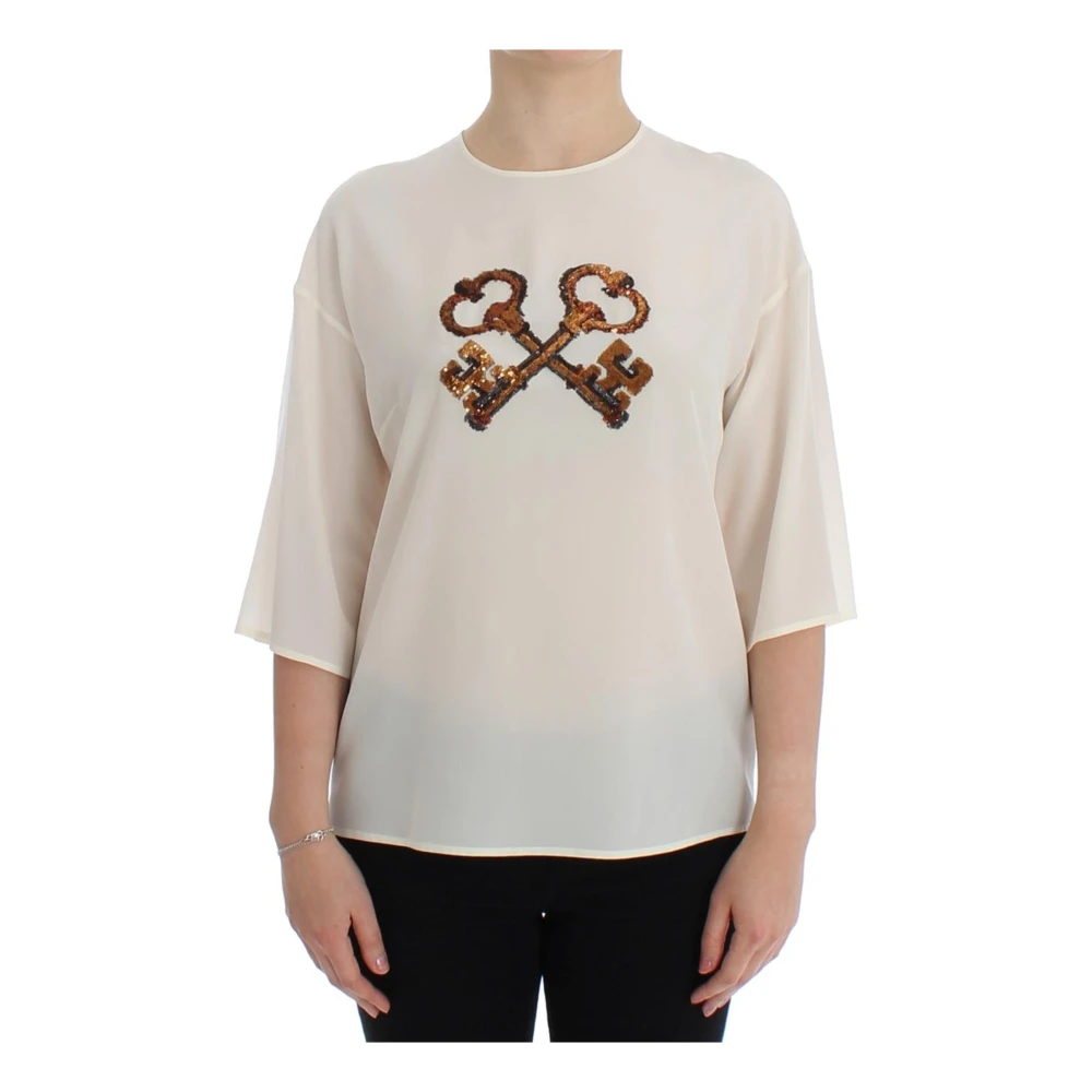 Dolce & Gabbana Women's White Sequined Key Silk Blouse