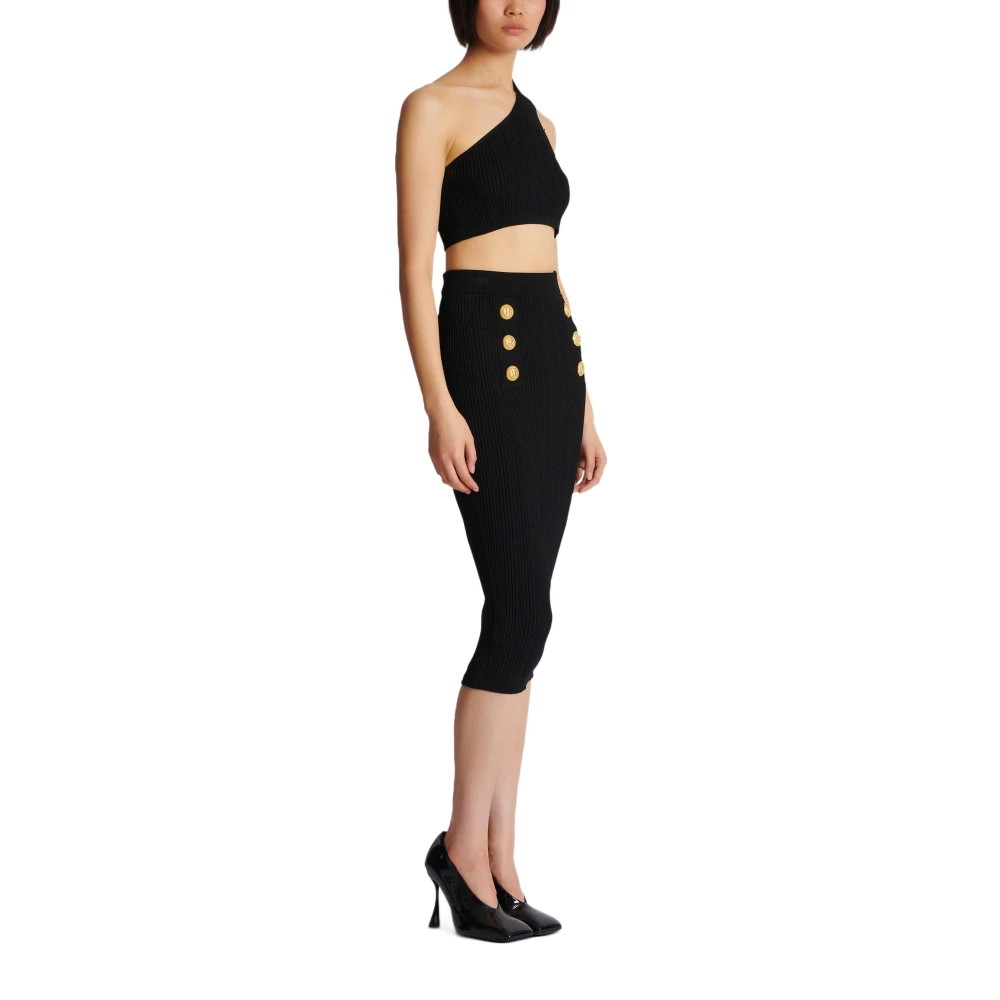 Balmain Midi Gebreide Rok met Knopen Black Dames