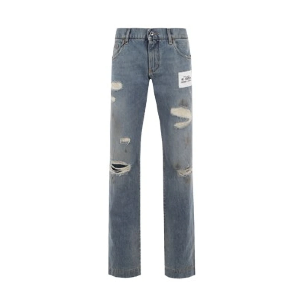 Dolce & Gabbana Blå Regular-Fit Jeans med Slitna Effekter Blue, Herr