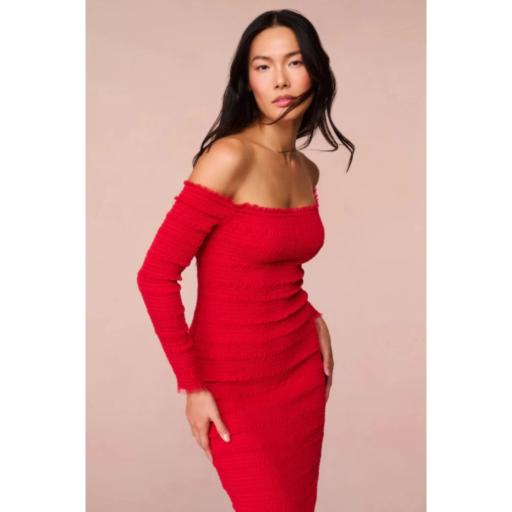 Loveshackfancy Smocked Tulle Midi Jurk met Ruches Red Dames