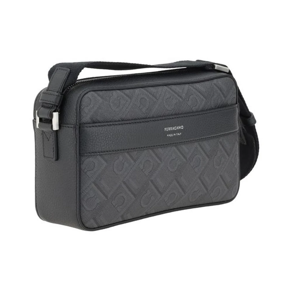 Salvatore Ferragamo Stijlvolle stoffen schoudertas met leer Black Heren