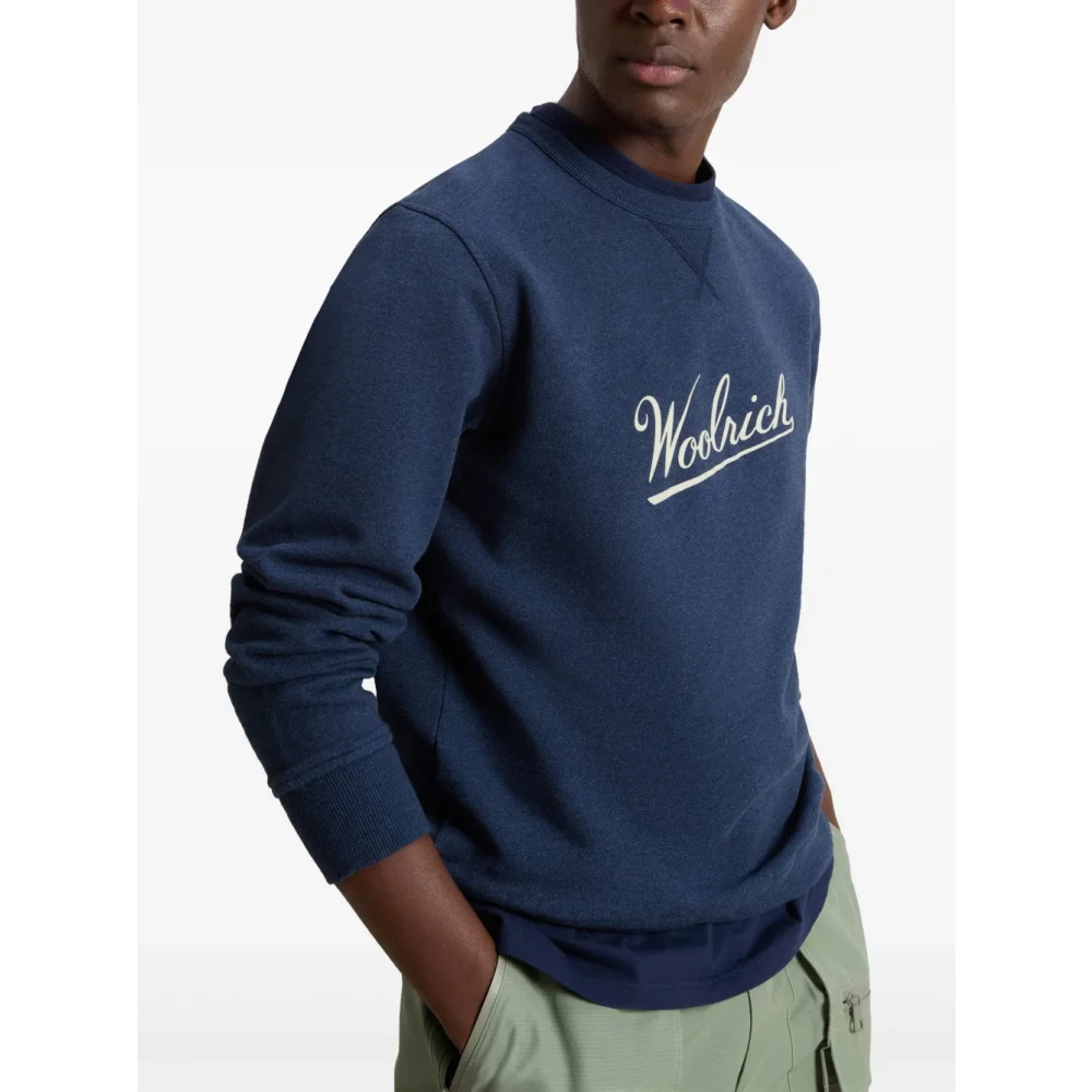 Woolrich Blauwe Geribbelde Trui met Bedrukt Logo Blue Heren