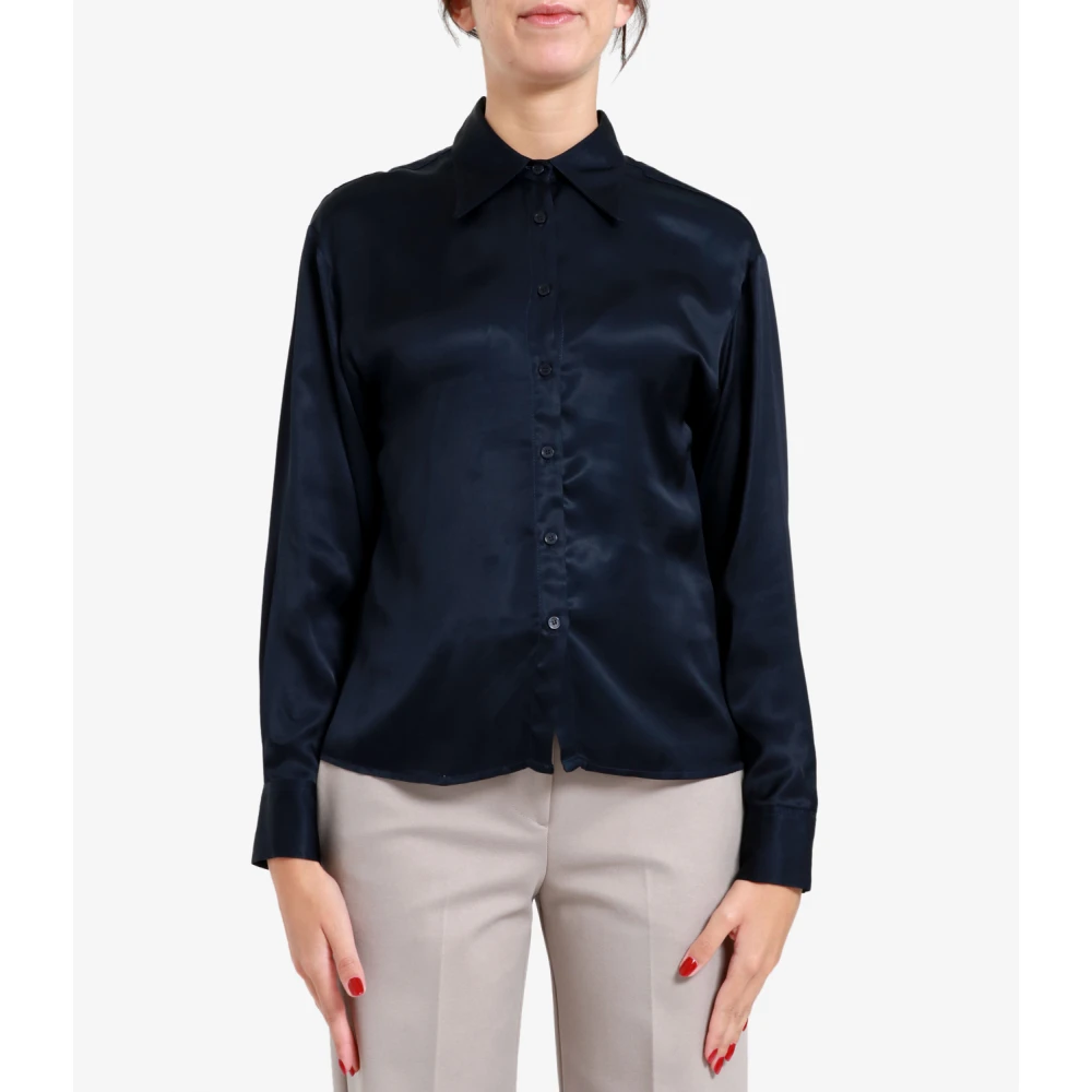 Kaos Blauwe Satijnen Overhemd Klassieke Stijl Blue Dames