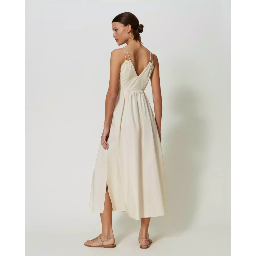 Twinset Elastische Katoenen Maxi Jurk met Spaghettibandjes Beige Dames