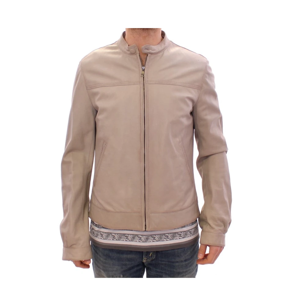 Dolce & Gabbana Elegante Beige Leren Lamsvacht Jas Beige Heren