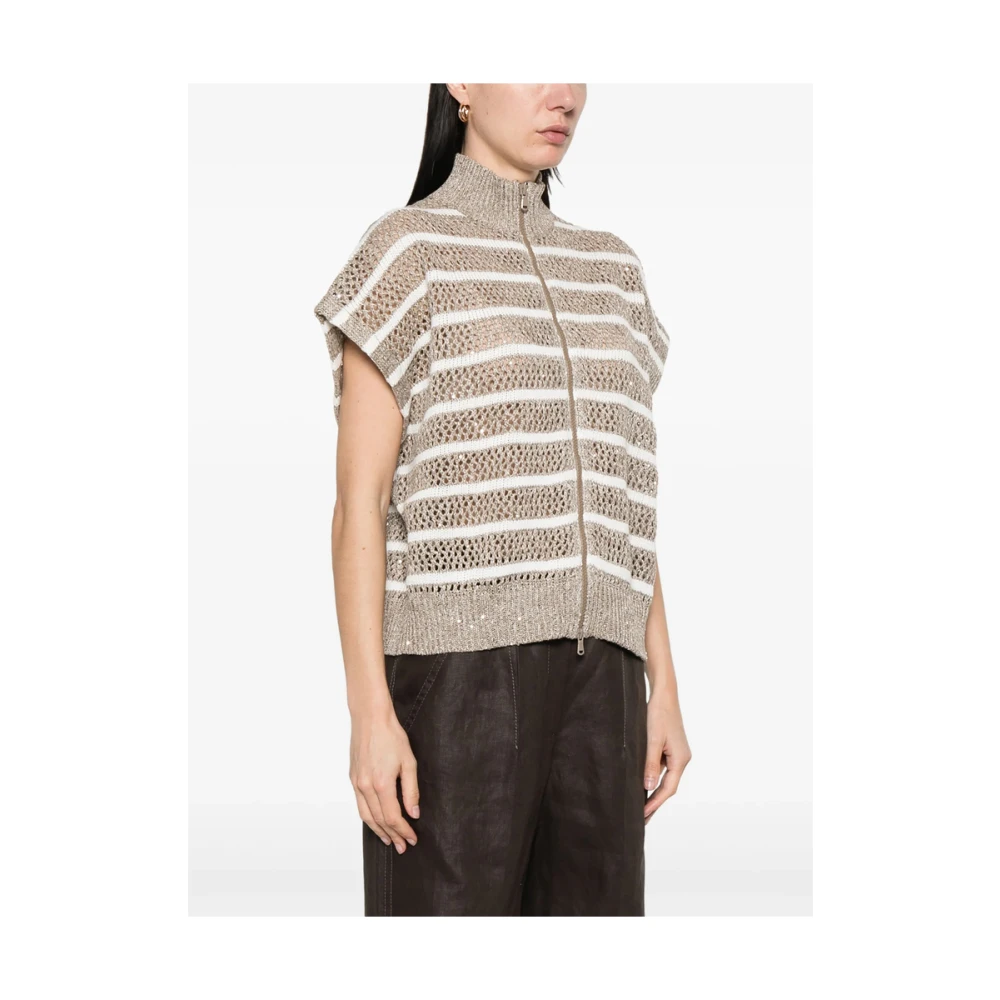 BRUNELLO CUCINELLI Beige Gestreepte Mouwloze Rits Sweater Brown Dames