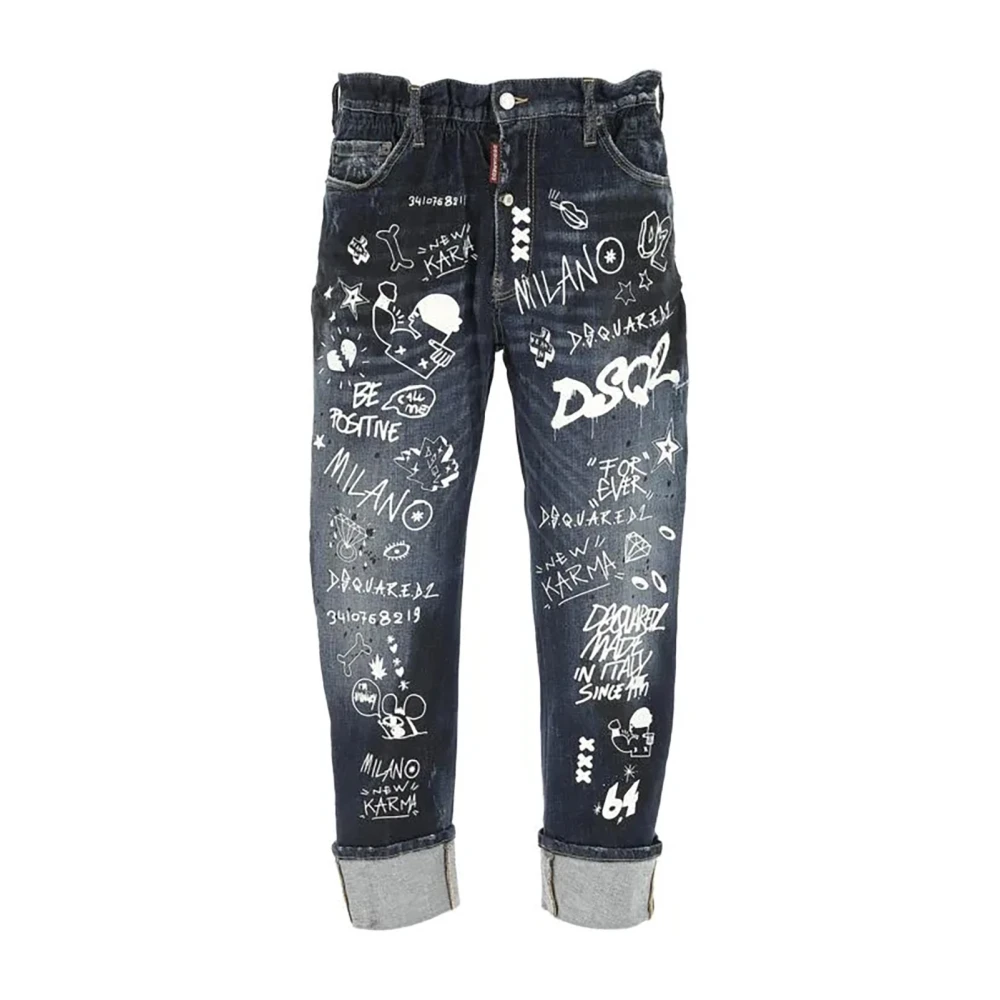 Mørkeblå Graffiti Print Jeans