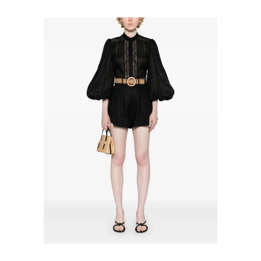 Zimmermann Zwarte Linnen Geplooide Hoge Taille Shorts Black Dames