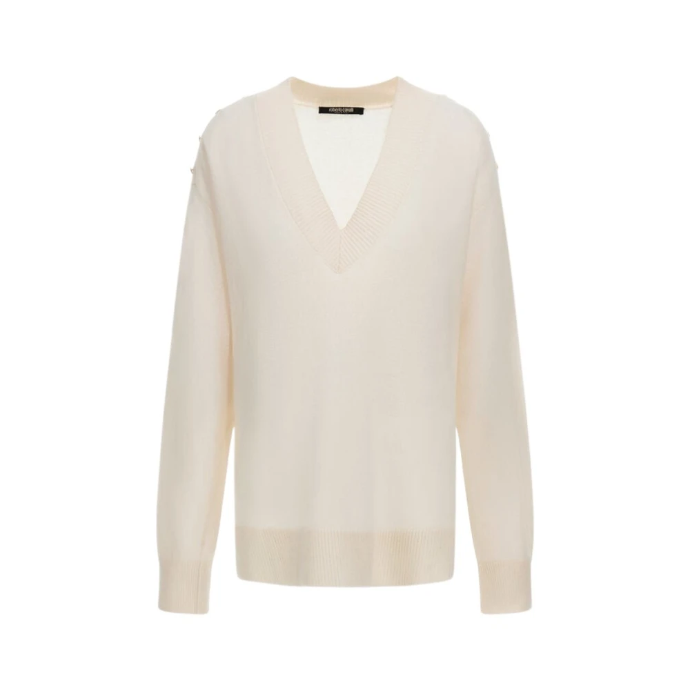 Roberto Cavalli Women's Beige V-Neck Knitwear, Xs, White V-Neck Jumper Made In Italy