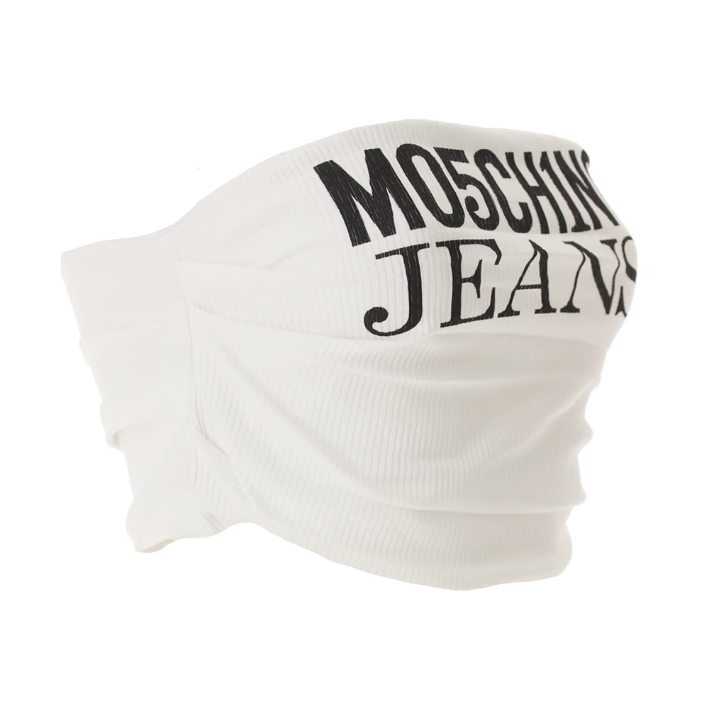 Moschino Logo Top Crop Print Wit Geribbeld White Dames