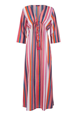 kvinnors-vit-lang-bomull-kaftan-med-vertikala-flerfargade-rander