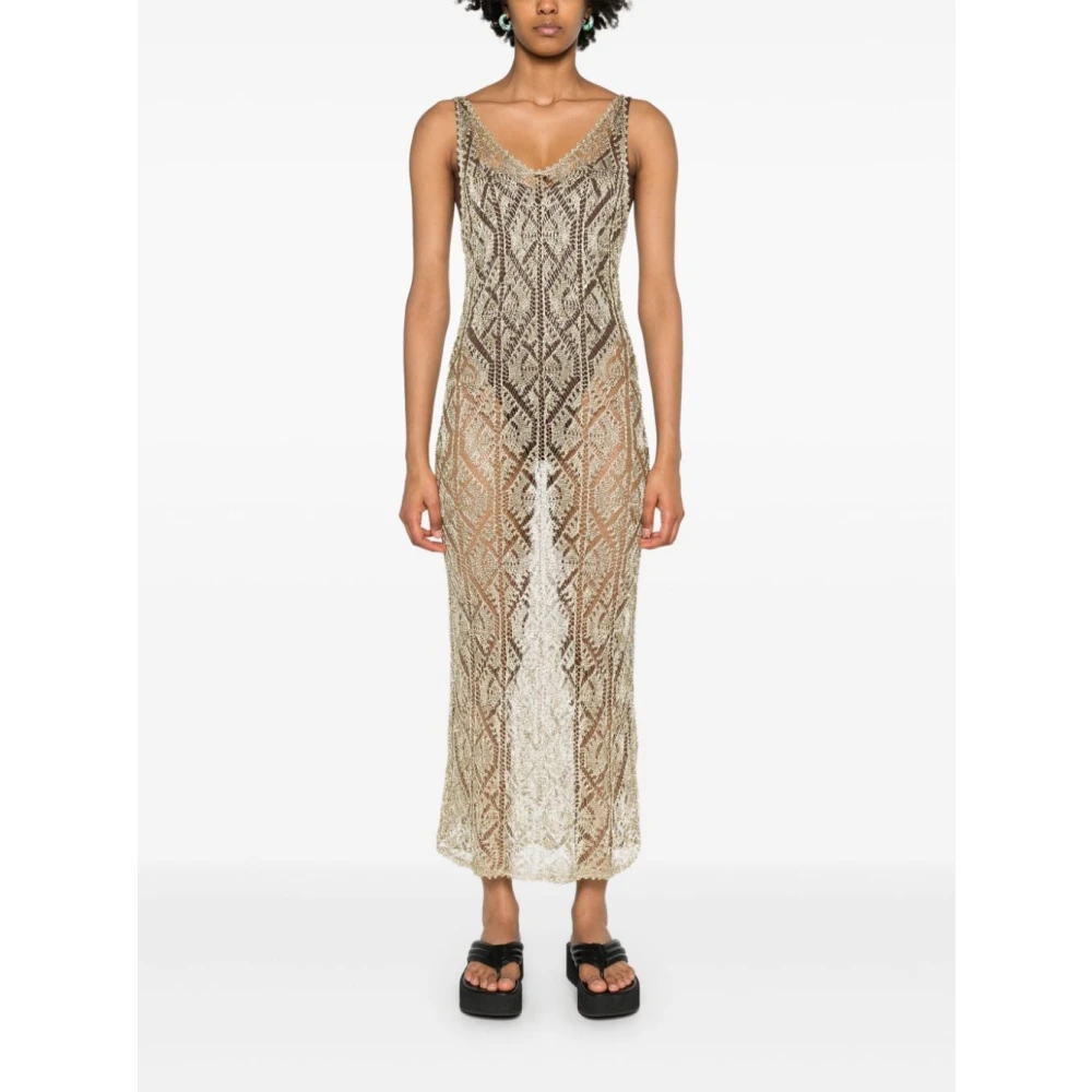 Ganni Midi V-Neck Metallic Jurk Beige Dames