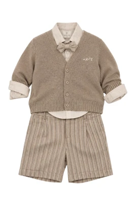 Cardigan med V-ringning i ullblandning & Randiga Bermuda-shorts