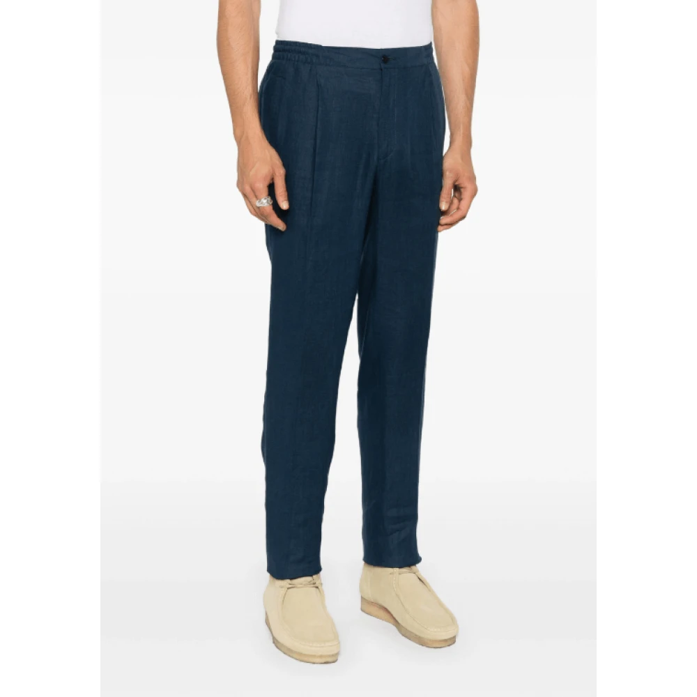 Kiton Navy Blue Linen Tapered Trousers Blue Heren