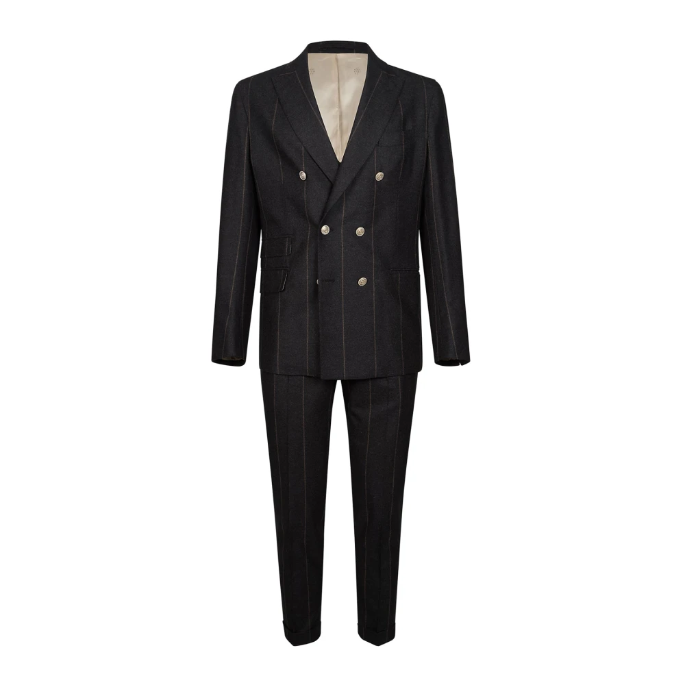 Eleventy Men's Black Double Breasted Suits, 2XL, Double-Breasted Wool Silk Cashmere Dress