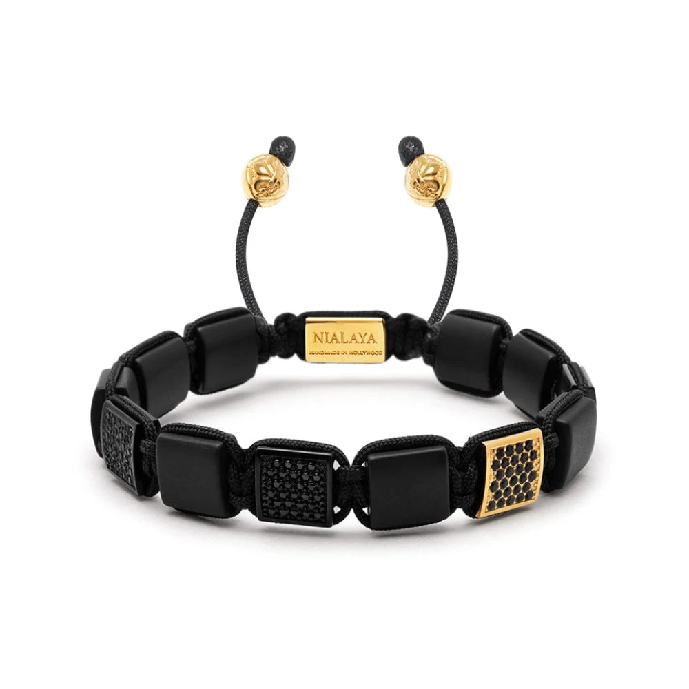 Nialaya Men's Yellow Bracelets, L, The Cz Flatbead Collection - Black Onyx And Black Cz