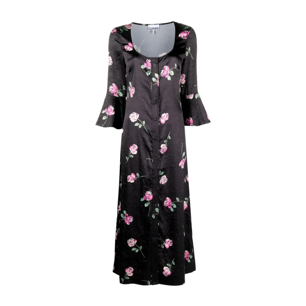 Ganni Women's Black Maxi Dresses, M, Floral-Print Crinkled Midi Dress