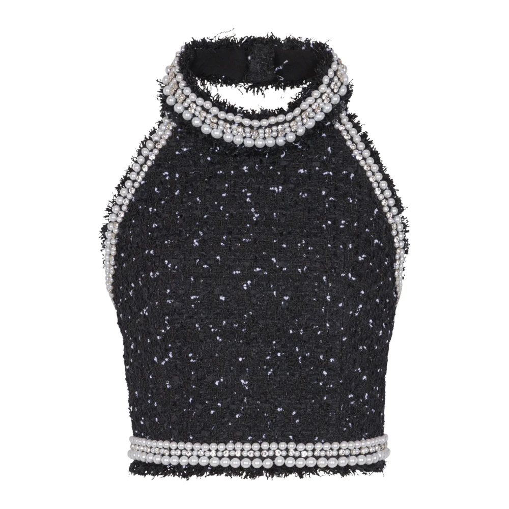 Balmain Geborduurde polka-dot tweed halternek top Black Dames