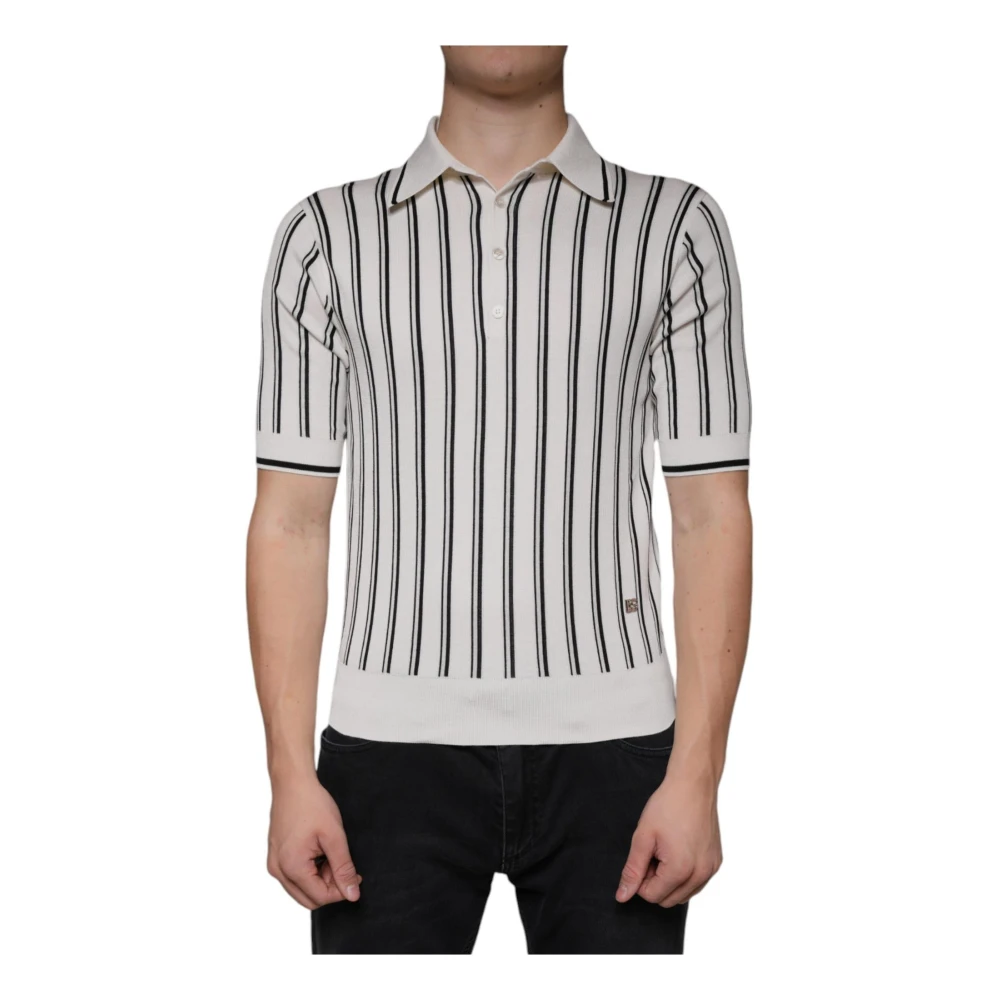 Dolce & Gabbana Uomo Bianco Polo A Righe Con Dettagli Logo