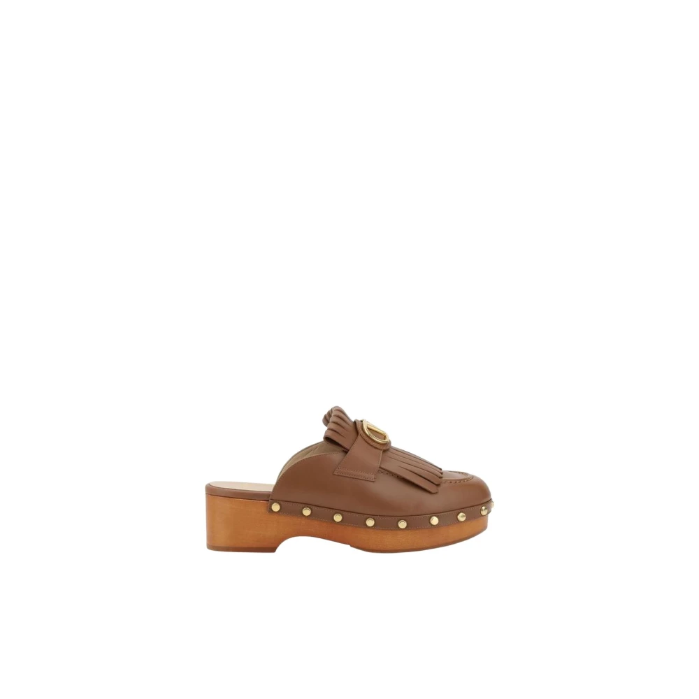 Valentino Garavani Women's Brown Wooden Heel Leather Mules With Vlogo