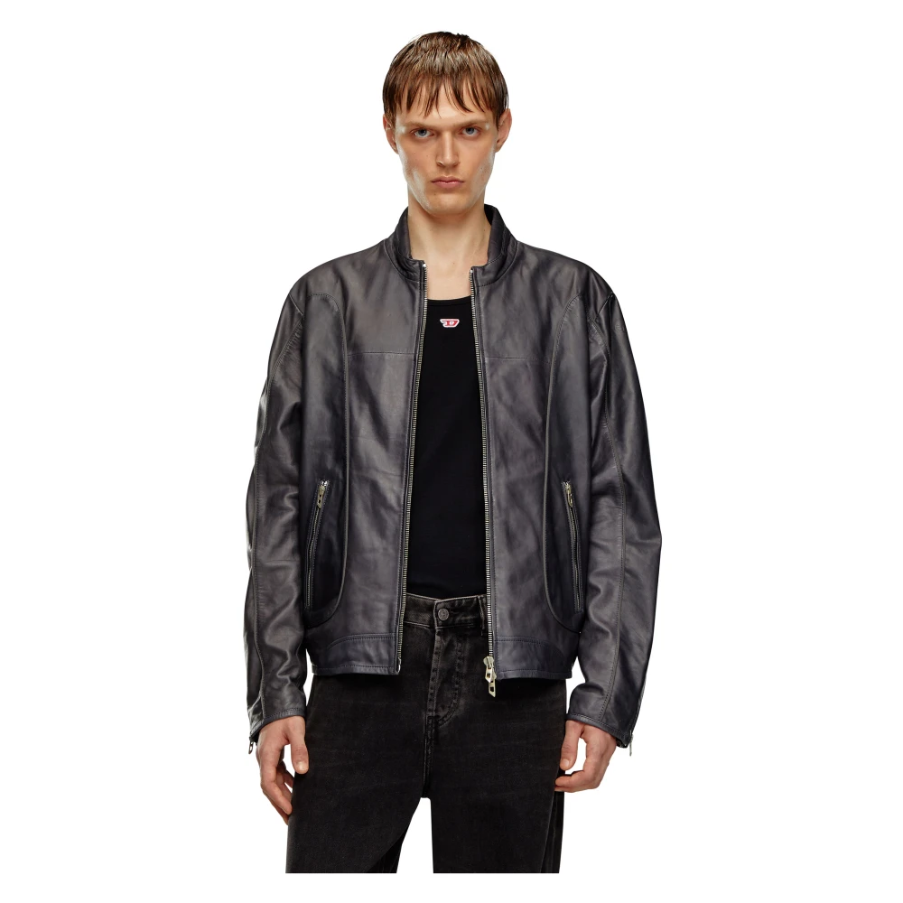 Diesel Leather biker jacket with piping Black Heren