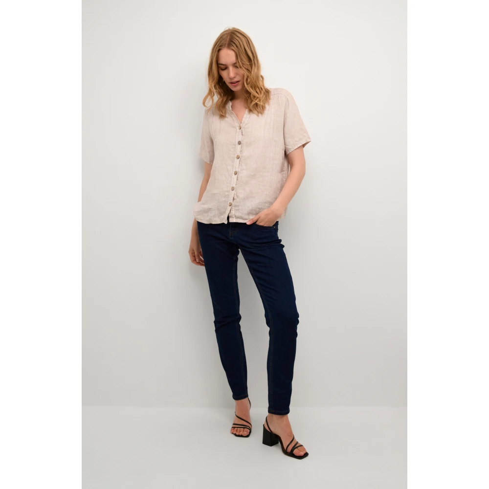 Cream Zand Linnen Shirt met V-Hals Beige Dames