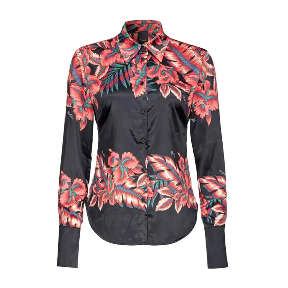 pinko Zwarte Bloemen Satijnen Knoopshirt Black Dames