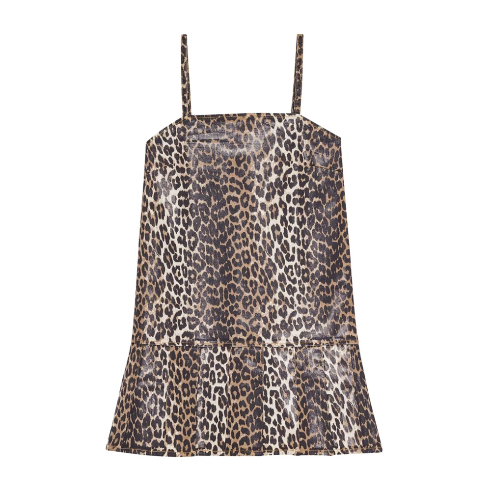 Ganni Leopard Foil Print Denim Strap Jurk Brown Dames