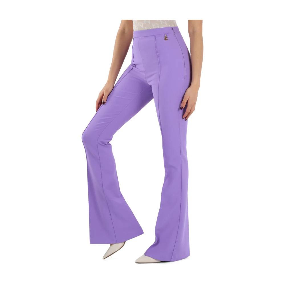 Elisabetta Franchi Uitlopende broek van stretch crepe met logo plaatje Purple Dames