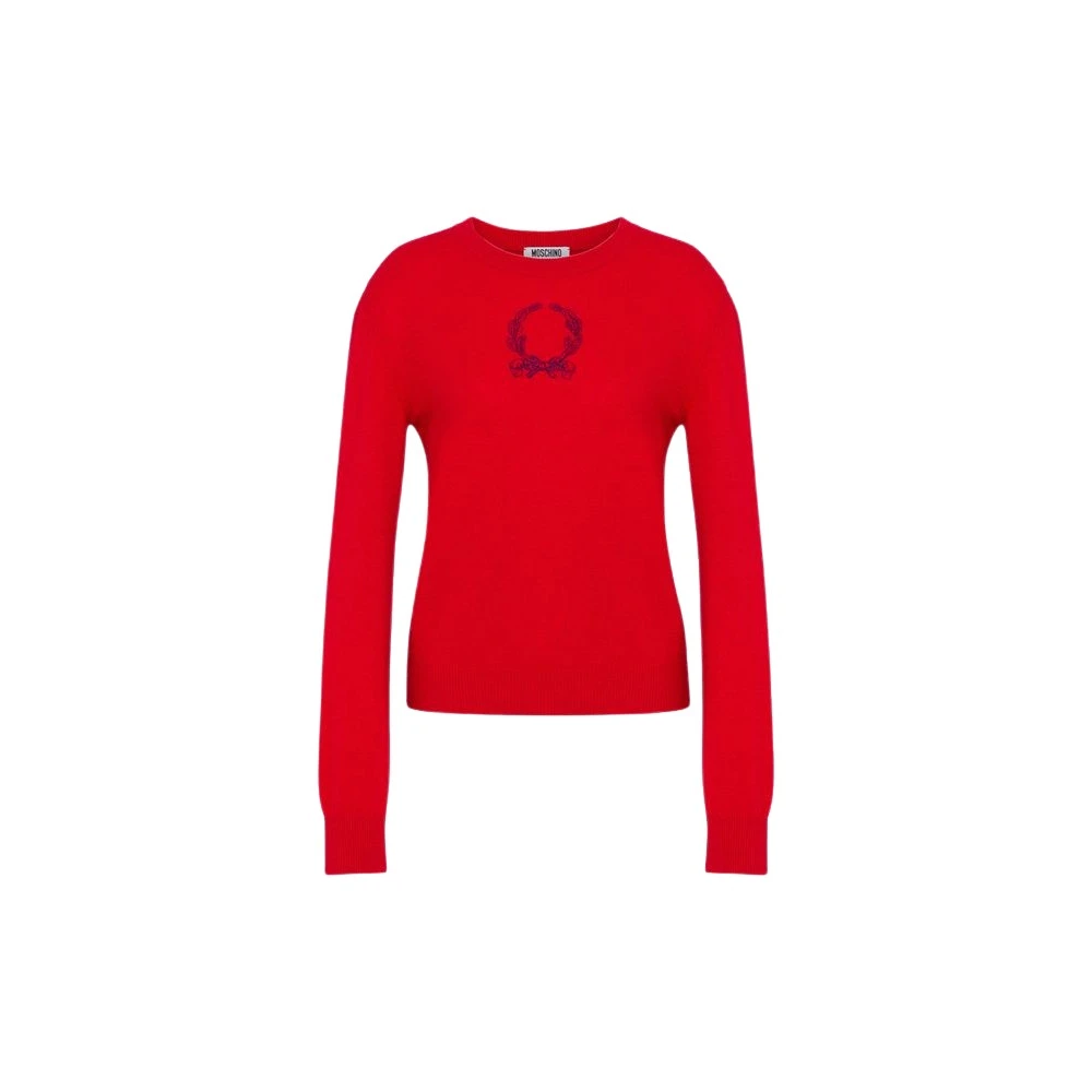 Moschino Women's Red Round-Neck Knitwear, Xs, Wool-Blend Pullover Laurel Crown