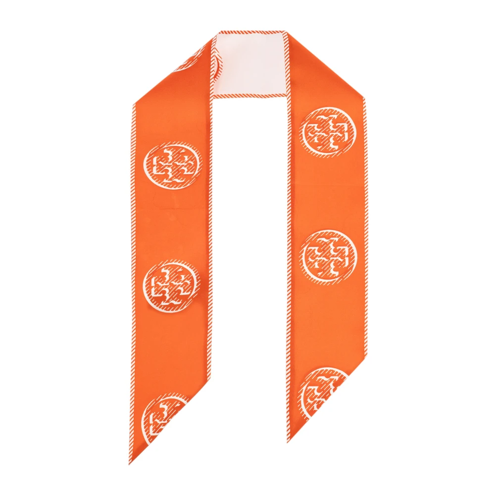 Tory Burch Women's Orange Silk Scarves, One Size, Monogram Reversible Silk Tie With Logo