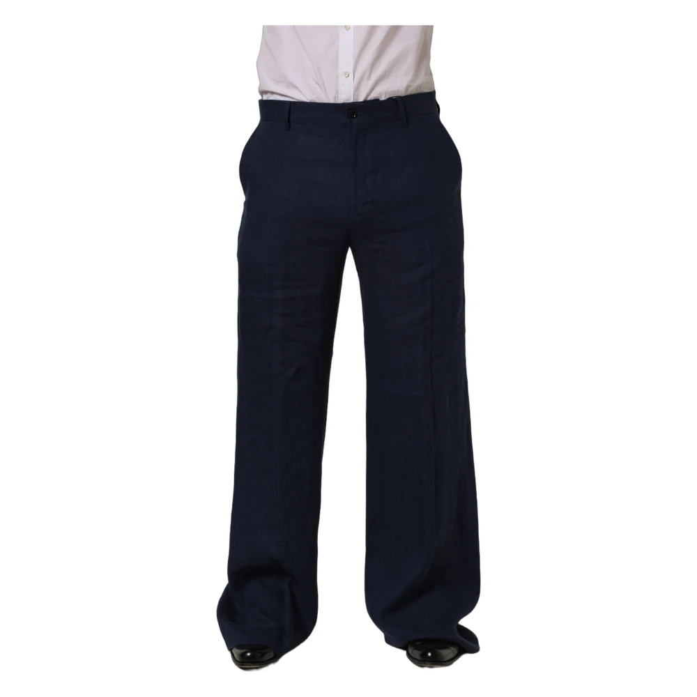 Dolce & Gabbana Men's Blue Straight-Leg Linen Trousers - Wide Trousers - M - Trousers