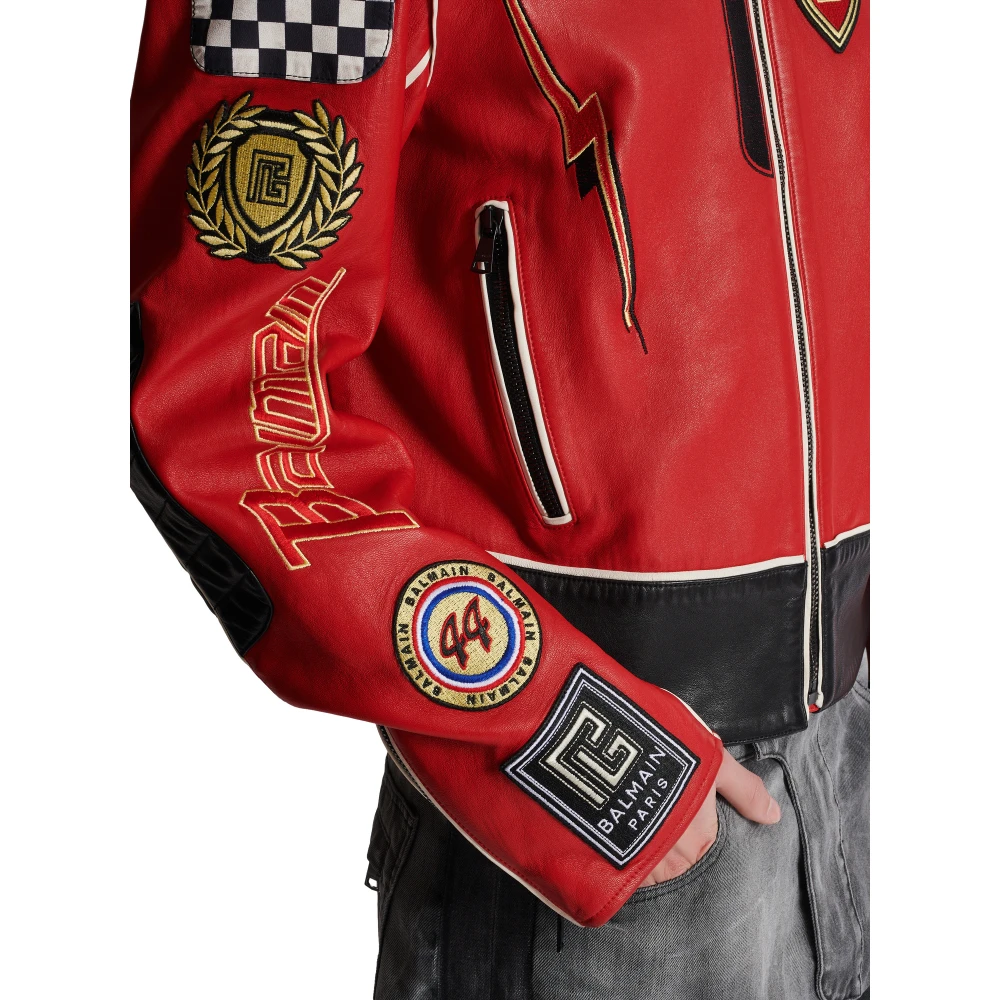 Balmain Lamsleren jas met Racing-patches Red Heren