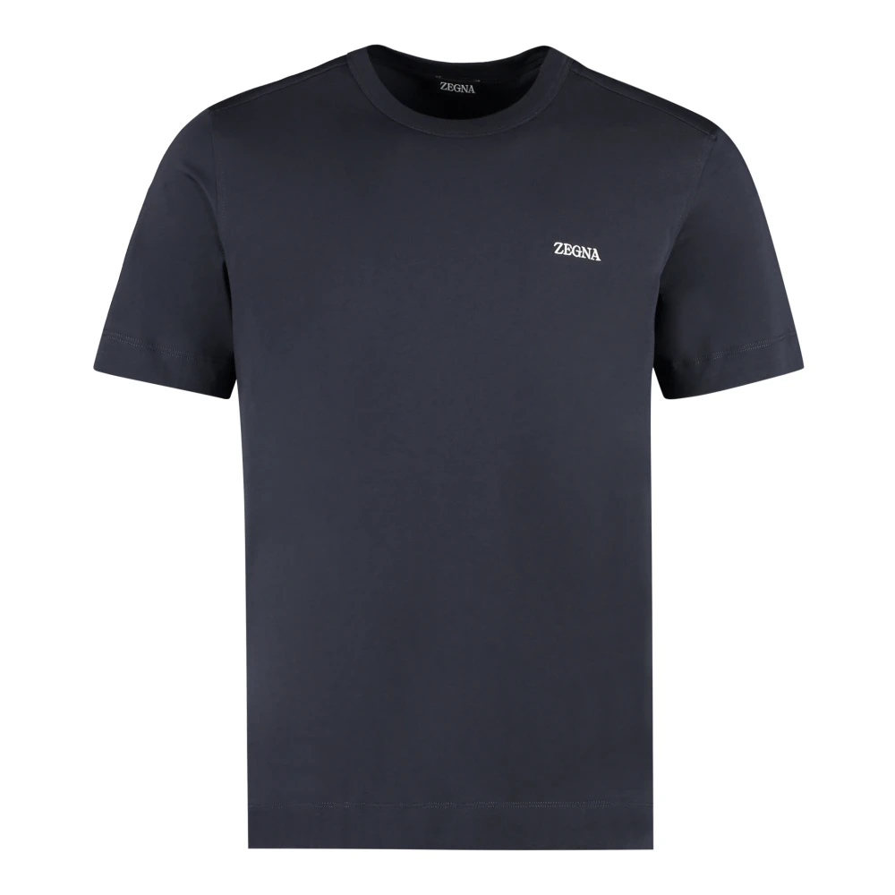 Zegna Men's Blue Cotton Logo T-Shirt Ribbed Hem - T-Shirts - M - Tops