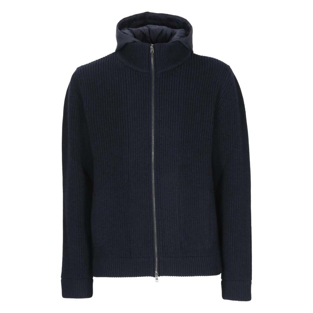 Herno Uomo Blu - Cardigan In Lana A Coste Con Cappuccio - Knitwear - 2XL