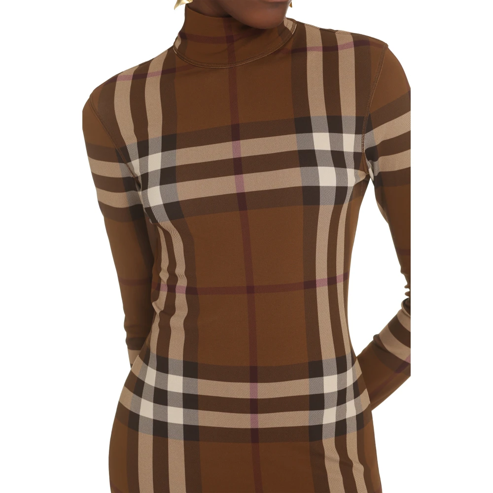 Burberry Turtleneck Geruite Mini Jurk Brown Dames