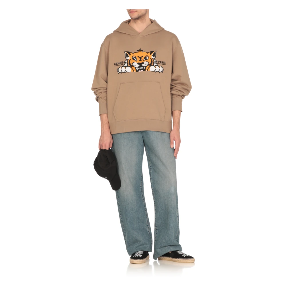 Kenzo Bruine katoenen hoodie met vrolijke tijgerborduursel Brown Heren