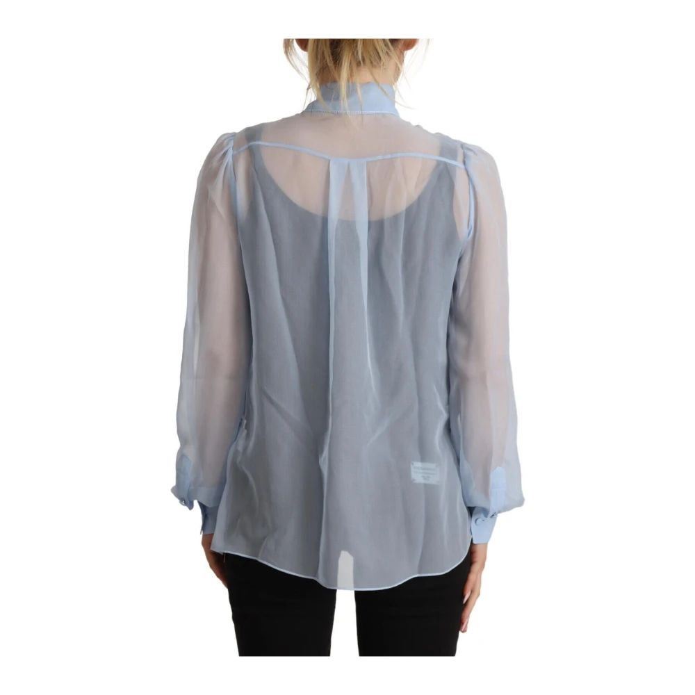 Dolce & Gabbana Elegante Zijden Blouse met Ascot Kraag Blue Dames