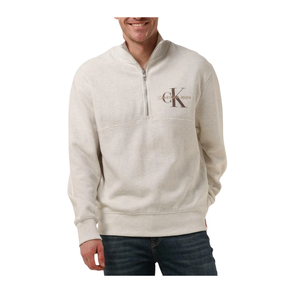 Calvin Klein Men's Gray Turtlenecks, M, Monologo Waffle Half Zip Jumper