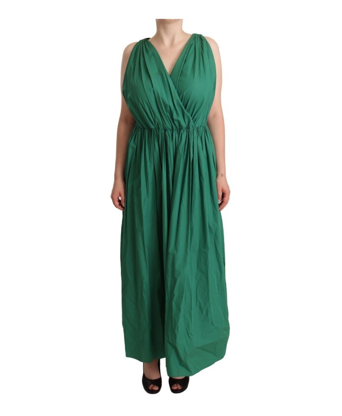 robe-maxi-sans-manches-en-coton-vert-a-col-en-v