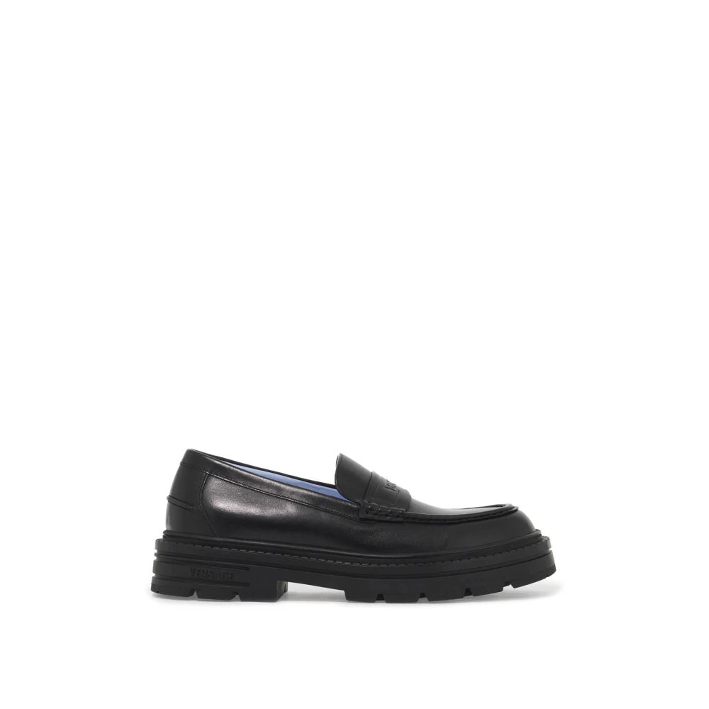 Versace Mannelijk Zwart Geëtst Logo Leren Loafers,Gestanste Logo Leren Loafers