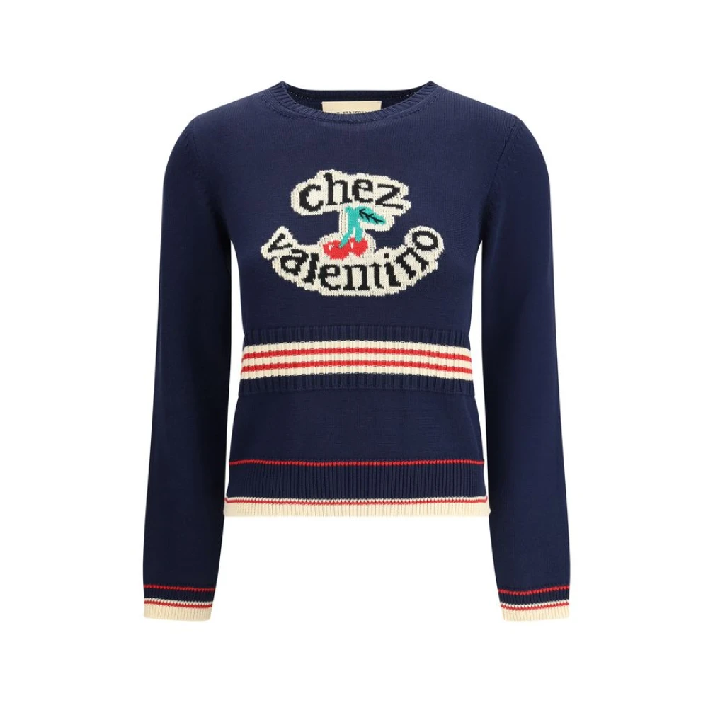 Valentino Women's Blue Round-Neck Knitwear, S, Cherryfic Embroidered Cotton Jumper