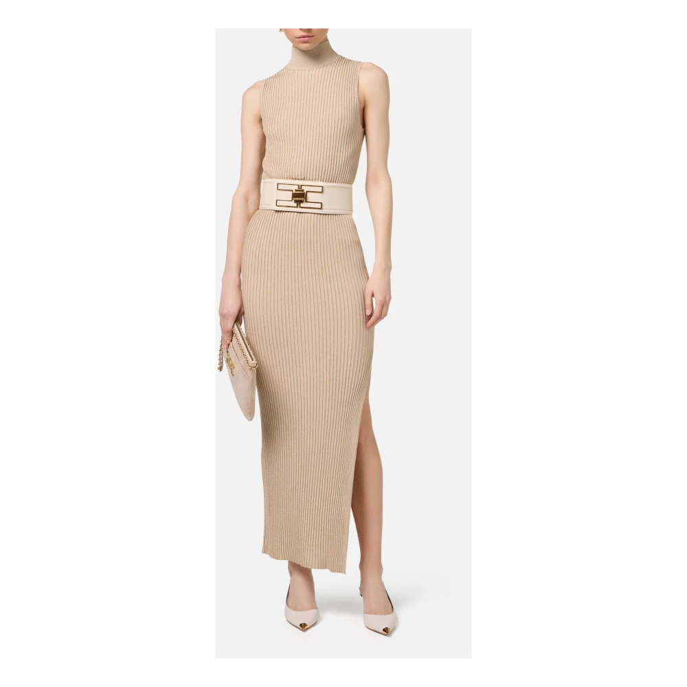 Elisabetta Franchi Geribbelde Viscose Lurex Midi Jurk Beige Dames