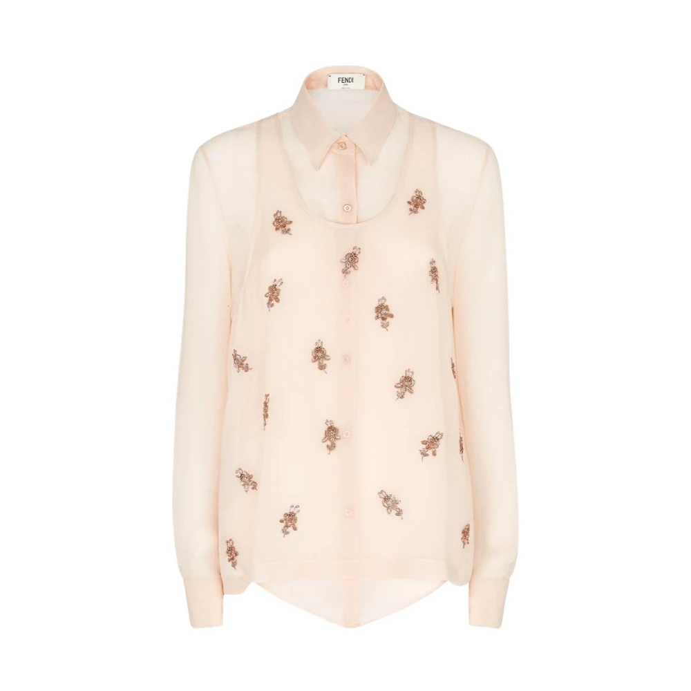 Fendi Kvinno Rosa Blusar & Skjortor Dam, S, Sheer Embellished Button-Up Shirt
